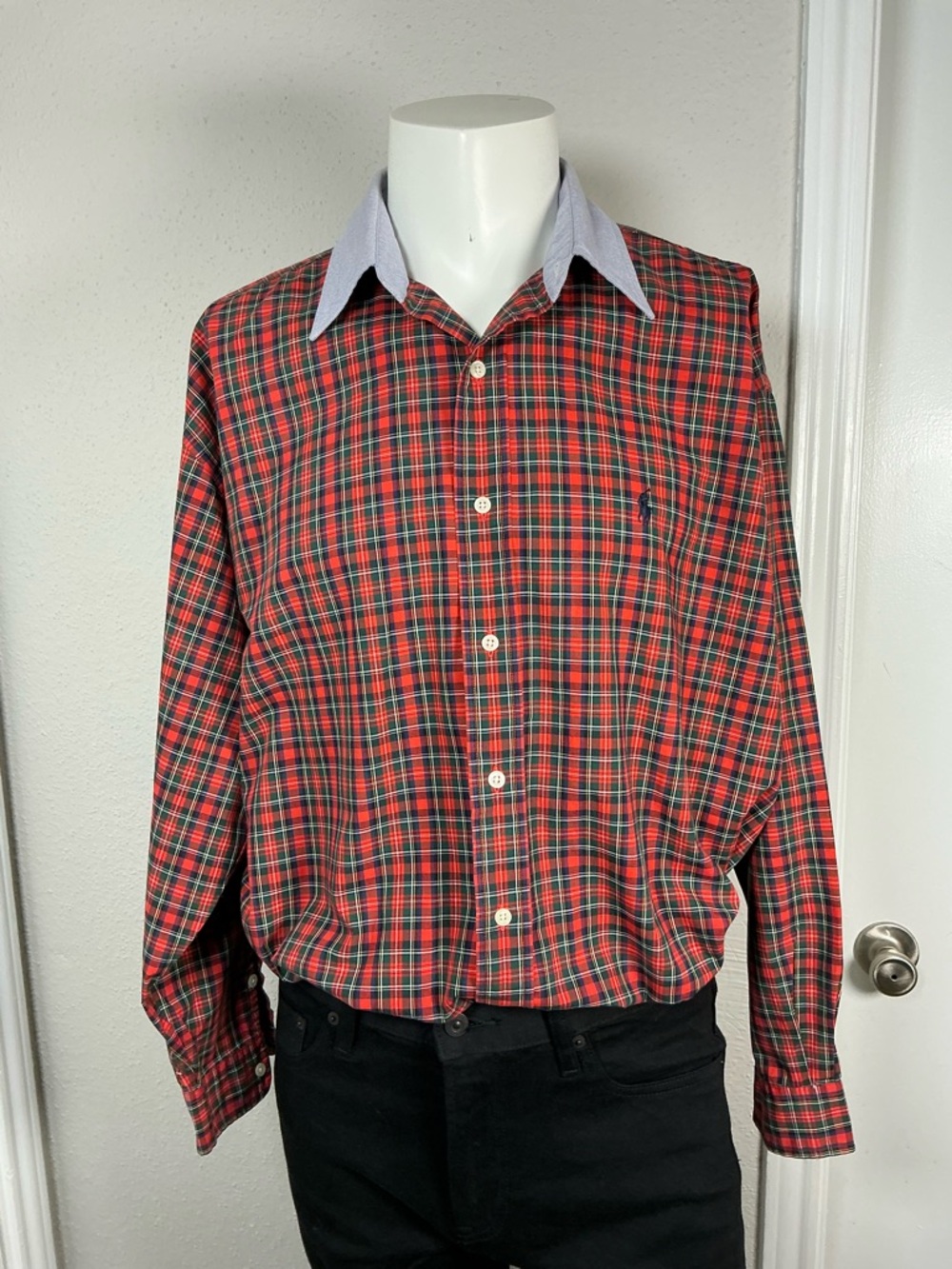 Ralph Lauren Red and Green Plaid Button-Down Shirt with Contrast Collar
